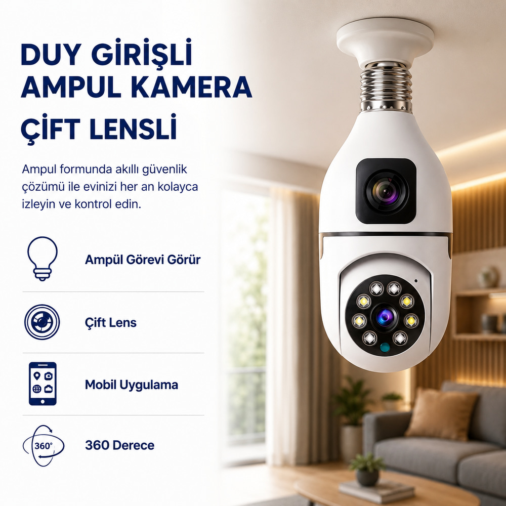CMR 40 Çift Kameralı 4K FULL HD Hareket Sensörlü  Bağlantılı 360 Derece Başlıklı Güvenlik Kamerası