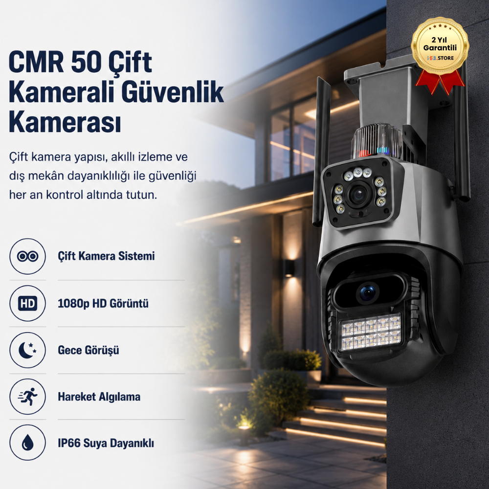 CMR 50 Çift Kameralı 8MP IP66 Su Geçirmez Dış Mekan Uyumlu Alarmlı Telefon Uygulamalı Güvenlik Kamerası