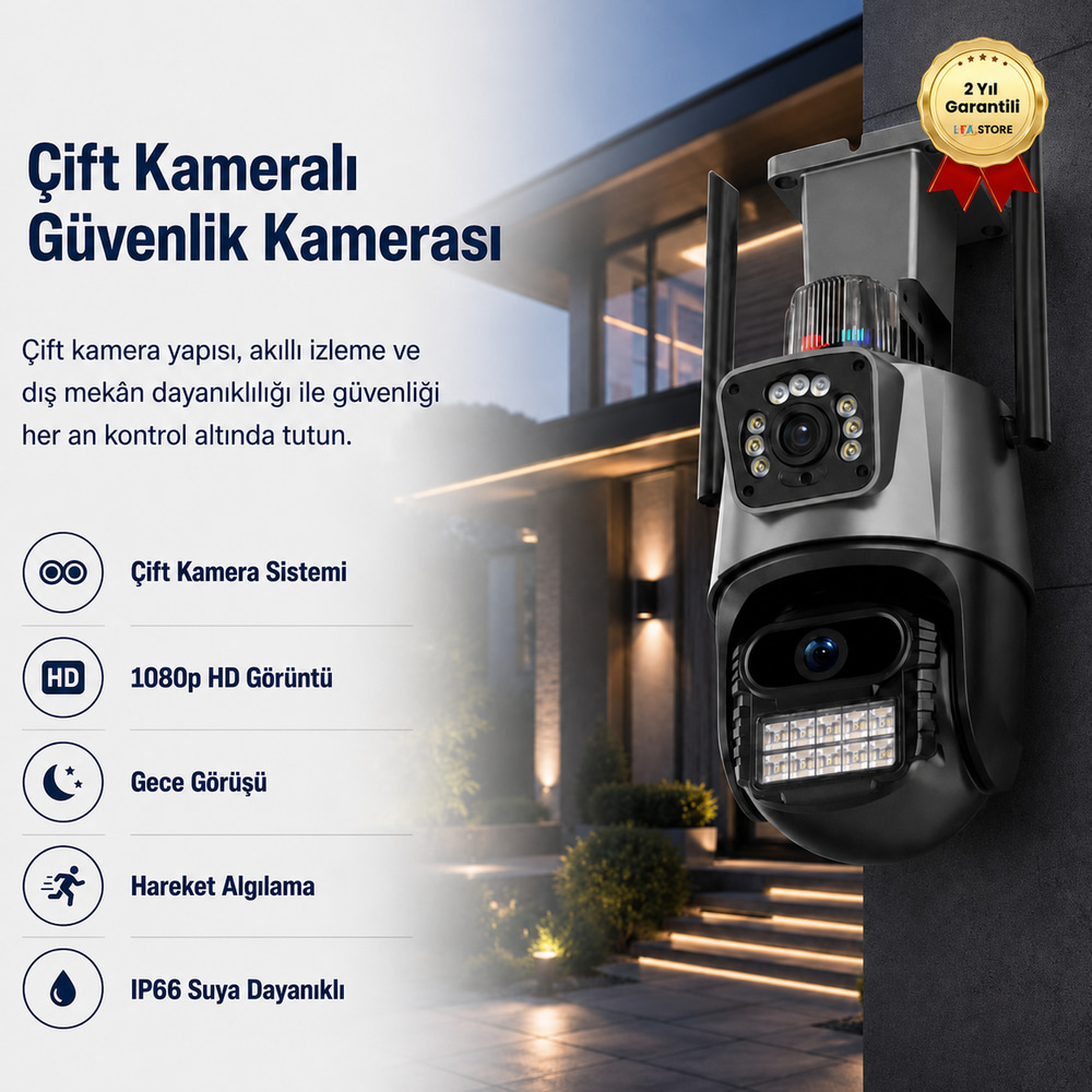 Çift Kameralı 8MP IP66 Su Geçirmez Dış Mekan Uyumlu Alarmlı Telefon Uygulamalı Güvenlik Kamerası