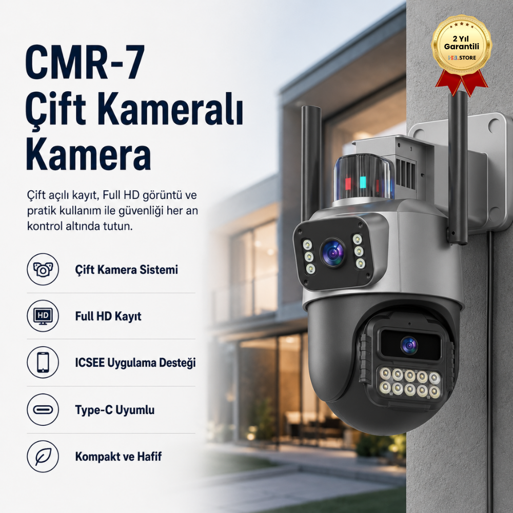 CMR7 Çift Kameralı Mini Kamera | Full HD Çift Açı Kayıt | Type-C Uyumlu Kompakt Vlog & Güvenlik Kamerası