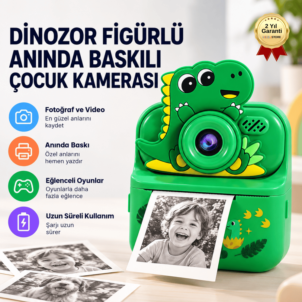 DİNOZOR FİGÜRLÜ ANINDA BASKILI ÇOCUK KAMERASI