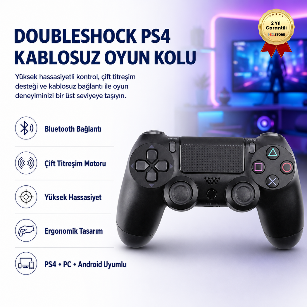DoubleShock PS4 Kablosuz Oyun Kolu, Yüksek Hassasiyetli Çift Titreşimli Bluetooth Gamepad, Ergonomik Tasarım, PS4 – PC – Android Uyumlu Profesyonel Oyun Kumandası