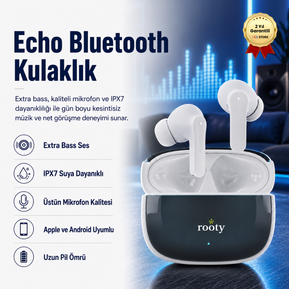 Echo Bluetooth Kulakiçi Kulaklık Yüksek Ses Kalitesi + Kaliteli Mikrofon IPX7 Uzun Pil Ömrü Apple Android Uyumlu
