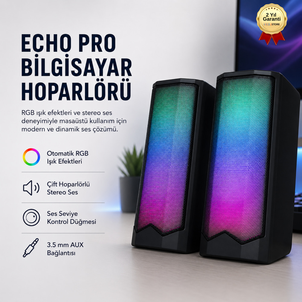 ECHO PRO Bilgisayar Hoparlörü RGB Işıklı Çift Stereo Ses USB Güç ve 3.5 mm AUX Bağlantılı Masaüstü Hoparlör