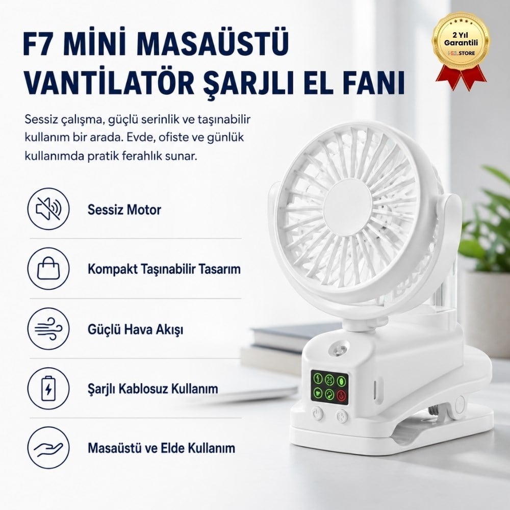 F7 Taşınabilir Mini Masaüstü Vantilatör Şarjlı El Fanı