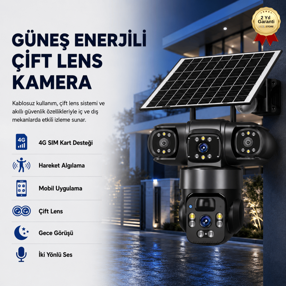 Güneş Enerjili 4G SIM Kartlı Kablosuz Güvenlik Kamerası Çift Lens 1080P Su Geçirmez