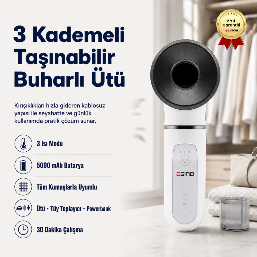 HZL 3 Kademeli Portatif Kablosuz Seyahat Ütüsü Bataryalı Kırışık Giderici Tüy Toplayıcı