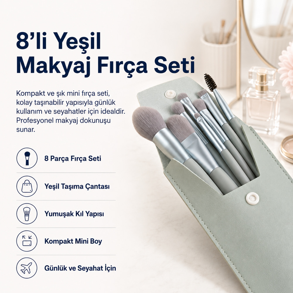 Hzl 8li Yeşil Makyaj Fırça Seti | Yeşil Çantalı Mini Set