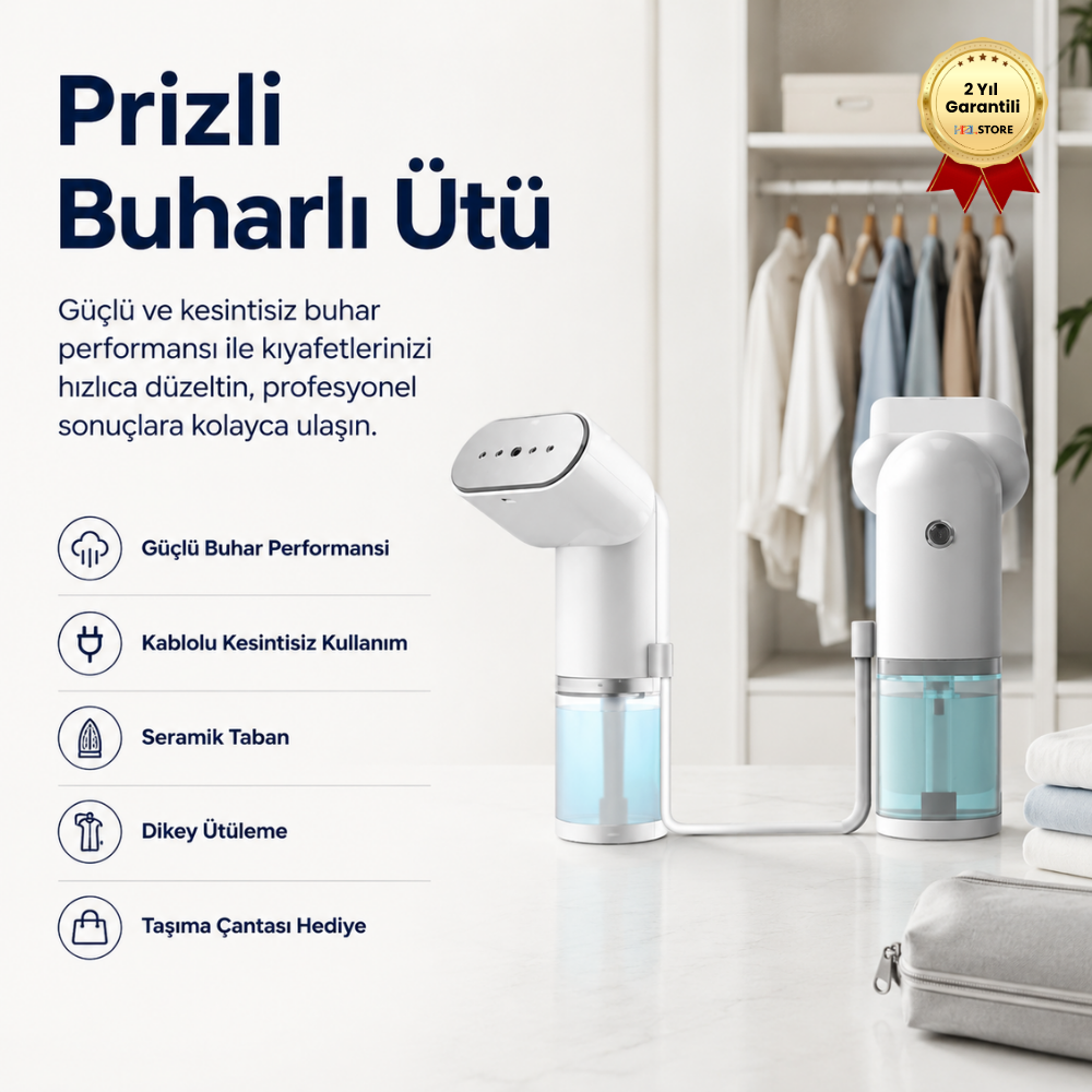 HZL Prizli Buharlı Ütü – Güçlü ve Kesintisiz Buhar Performansı, Kablolu Kullanım, Profesyonel Sonuçlar + Taşıma Çantası Hediye