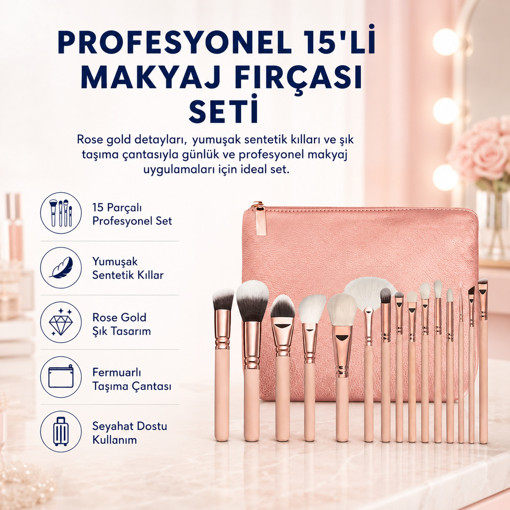 HZL Profesyonel Pembe 15li Makyaj Fırçası Seti