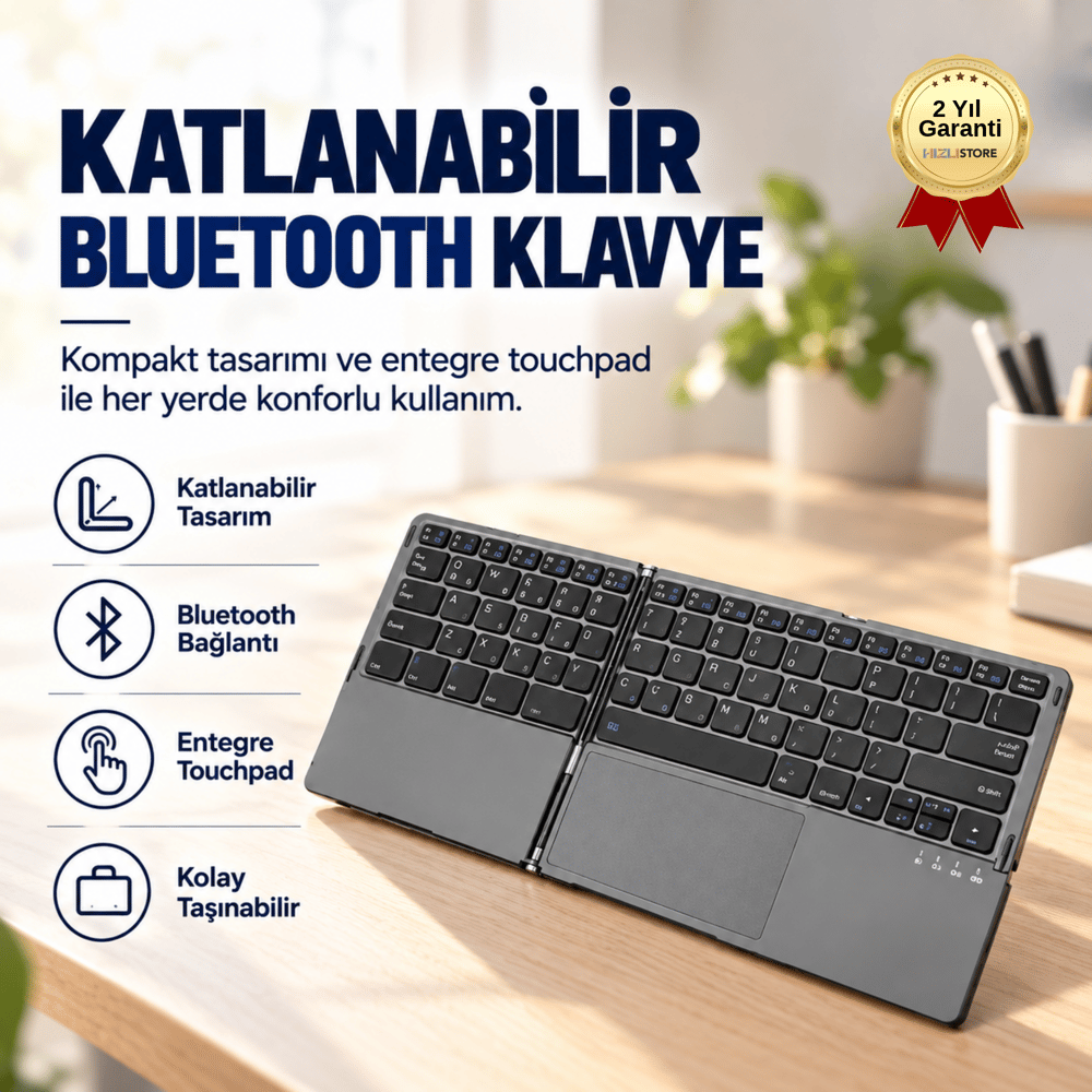 Katlanabilir Bluetooth Klavye Touchpadli  Tablet, Telefon ve Bilgisayar Uyumlu,64 Tuşlu Klavye