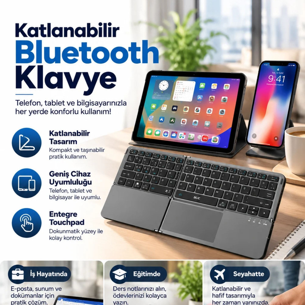 Katlanabilir Bluetooth Klavye Touchpadli  Tablet, Telefon ve Bilgisayar Uyumlu,64 Tuşlu Klavye