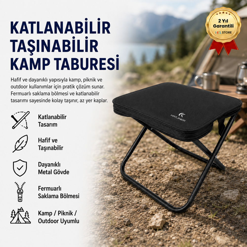 Katlanabilir Taşınabilir Kamp Taburesi ,Hafif, Dayanıklı ve Fermuarlı Saklama Bölmeli Outdoor Sandalye