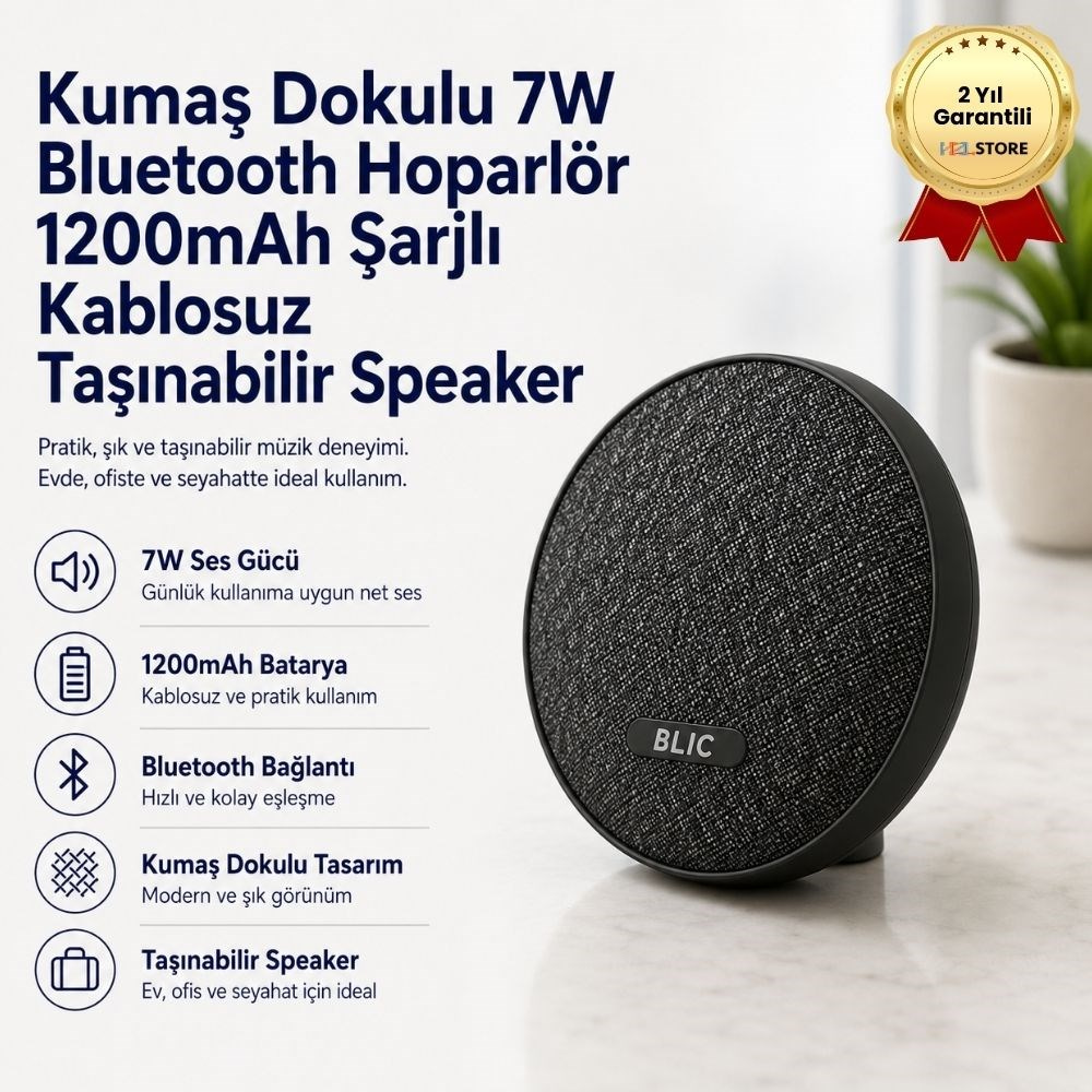 Bluetooth Hoparlör Kumaş Dokulu 7W 1200mAh Şarjlı Kablosuz Taşınabilir Speaker