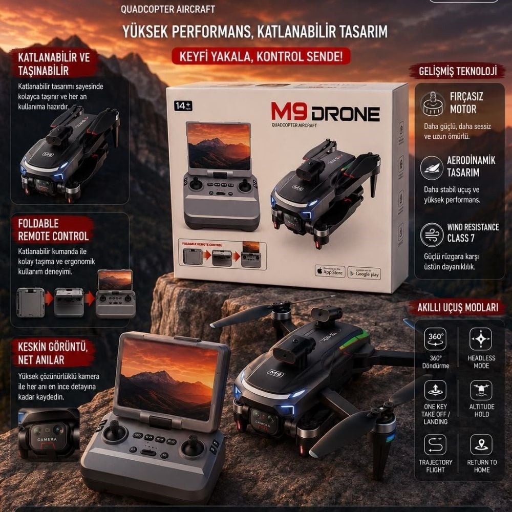 Drone Kameralı Katlanabilir, Ekranlı Kumanda, Wi-Fi Görüntü Aktarımı ve Taşınabilir Quadcopter M9 Drone