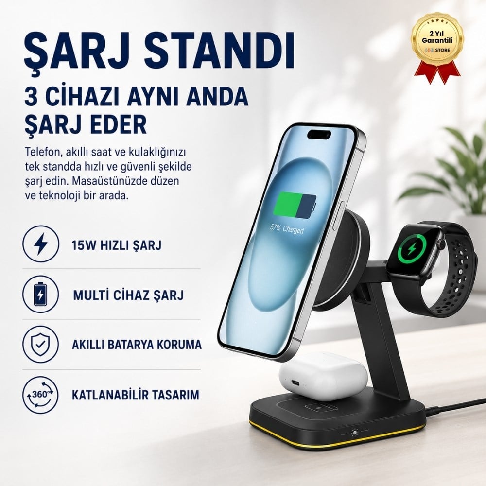 MagSafe 3-in-1 Manyetik Kablosuz Şarj İstasyonu 15W – iPhone, Apple Watch ve AirPods için Hızlı Wireless Charging Stand