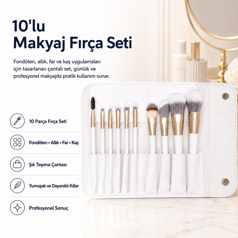 Makyaj Fırça Seti Çantalı 10lu | Fondöten, Allık, Far ve Kaş Fırçaları
