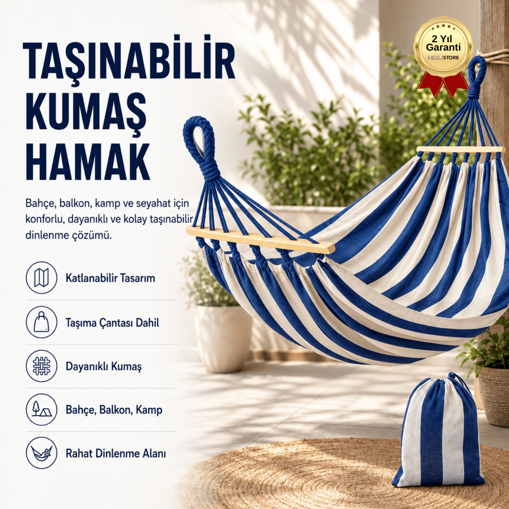Mavi Çizgili Taşınabilir Katlanabilir Kumaş Hamak Bahçe, Balkon, Kamp ve Seyahat İçin Dinlenme Hamak + Taşıma Çantası