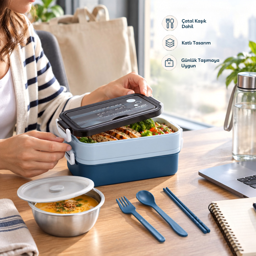 Mavi Paslanmaz Çelik 3 Katlı Yemek Taşıma Kabı Isı Yalıtımlı Lunch Box