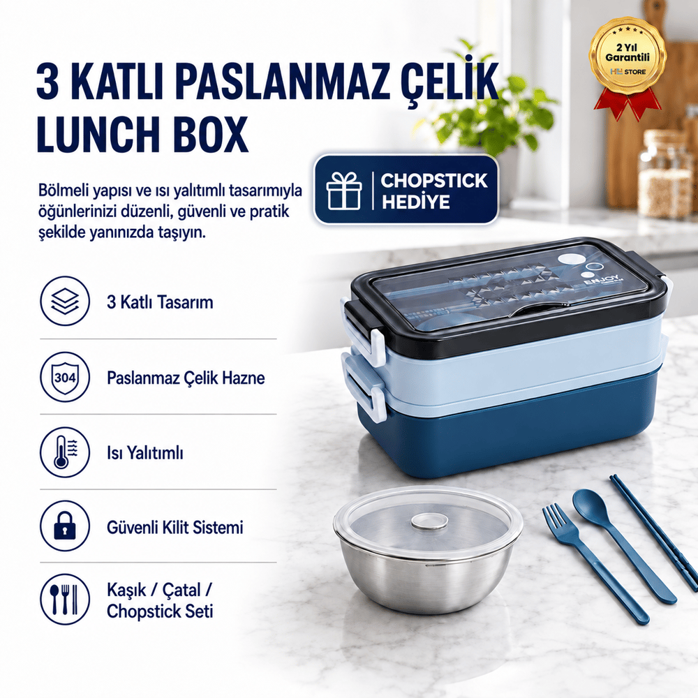 Mavi Paslanmaz Çelik 3 Katlı Yemek Taşıma Kabı Isı Yalıtımlı Lunch Box