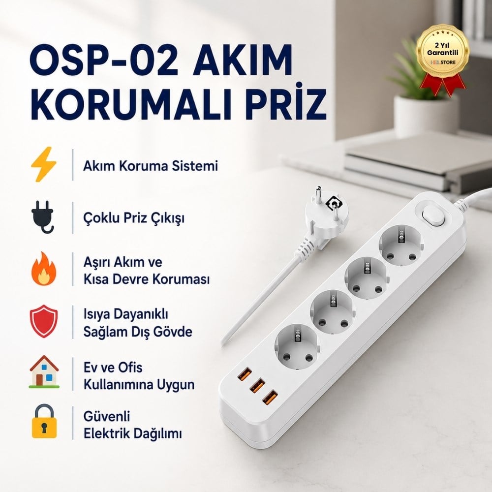 OSP02 Akım Korumalı Çoklu Priz – Anahtarlı, Güvenli Elektrik Dağıtım Ünitesi