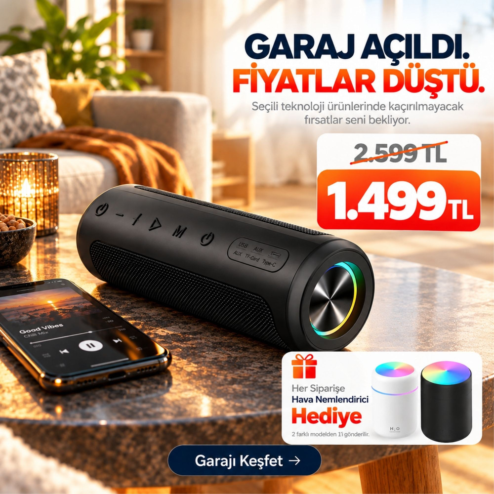 OUTLET/TEŞHİR BEAT 60W Su Geçirmez ipx7 Bluetooth AUX Sd Card Usb Yüksek Ses Kaliteli Hoparlör RGB Speaker
