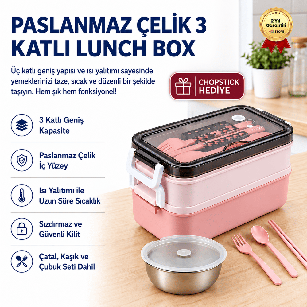 Pembe Paslanmaz Çelik 3 Katlı Yemek Taşıma Kabı Isı Yalıtımlı Lunch Box