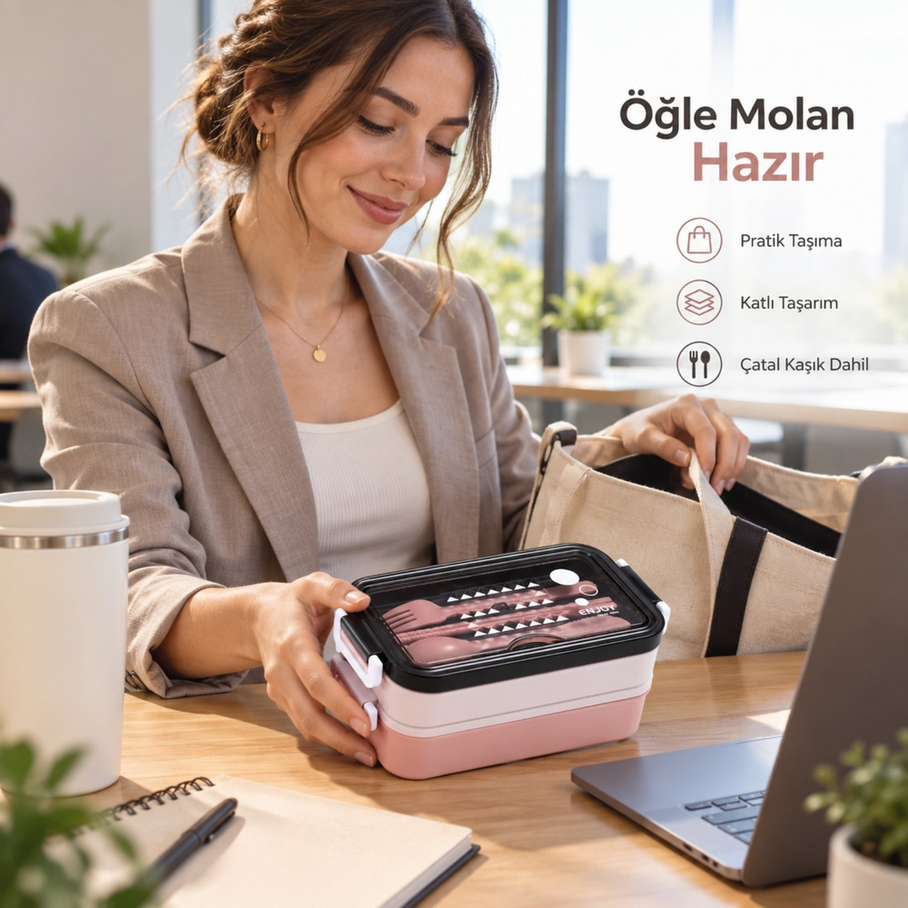 Pembe Paslanmaz Çelik 3 Katlı Yemek Taşıma Kabı Isı Yalıtımlı Lunch Box