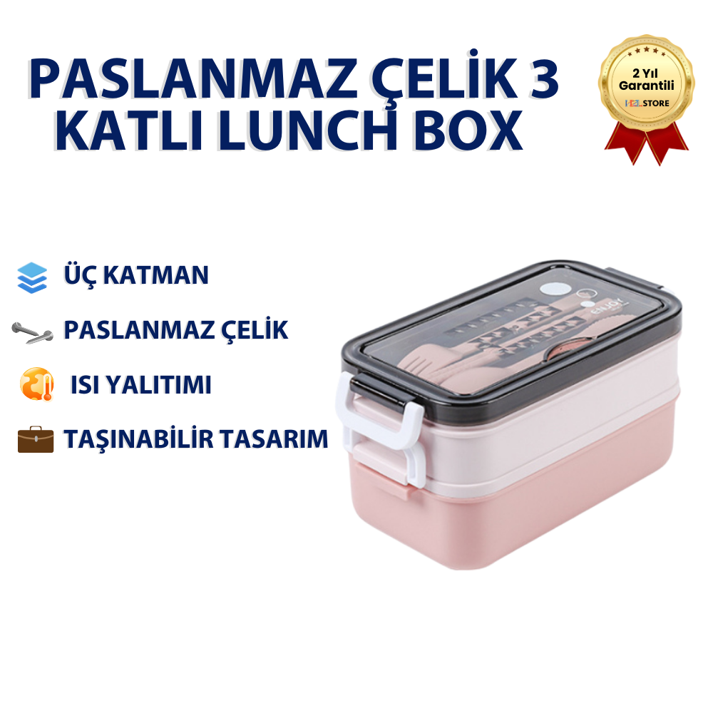 Pembe Paslanmaz Çelik 3 Katlı Yemek Taşıma Kabı Isı Yalıtımlı Lunch Box