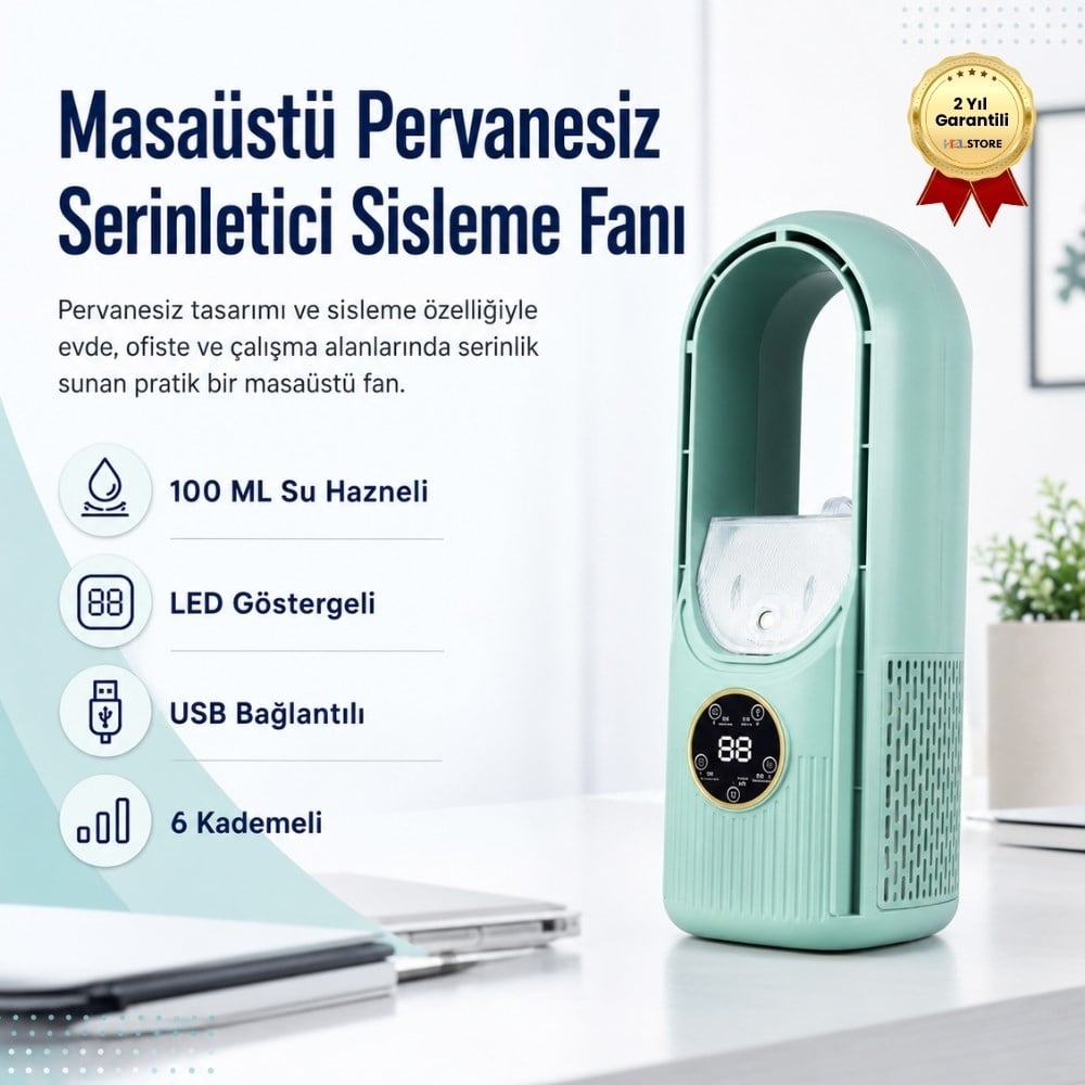 Pervanesiz 6 Kademeli Sisleme Fanı 100ml Su Hazneli Masaüstü Serinletici