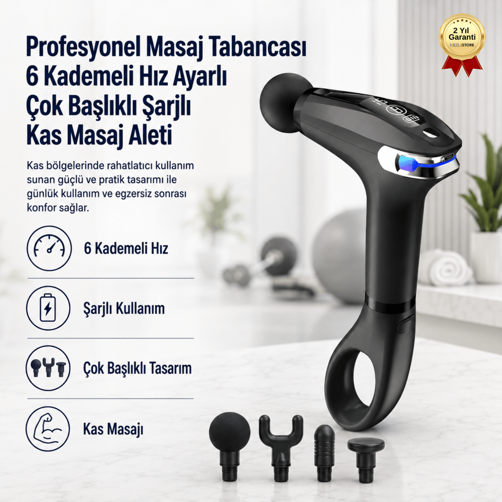 Profesyonel Masaj Tabancası 6 Kademeli Hız Ayarlı Çok Başlıklı Şarjlı Kas Masaj Aleti