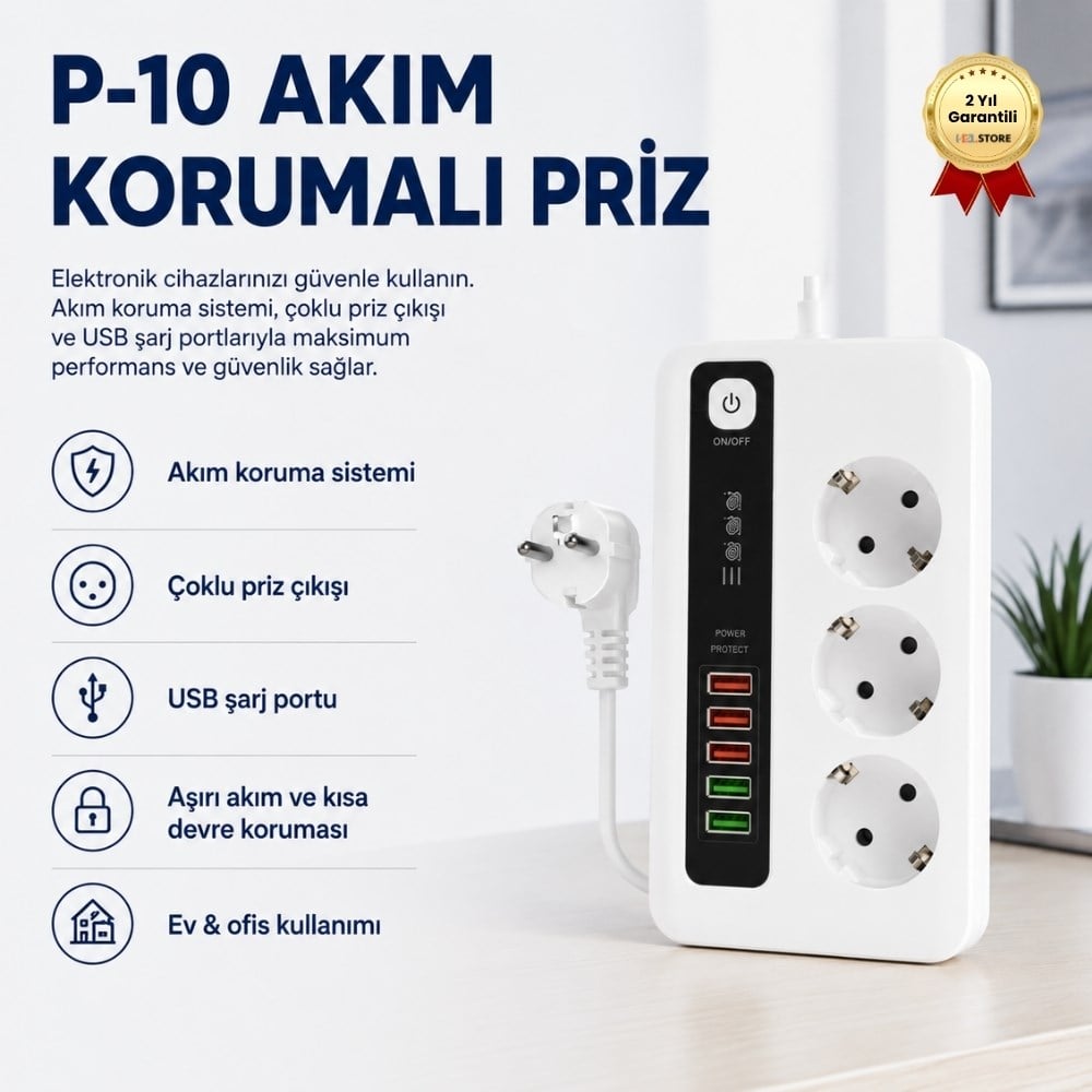 Protech P10 Akım Korumalı Çoklu Priz – USB Girişli, Anahtarlı, Yüksek Güvenlikli Priz Ünitesi