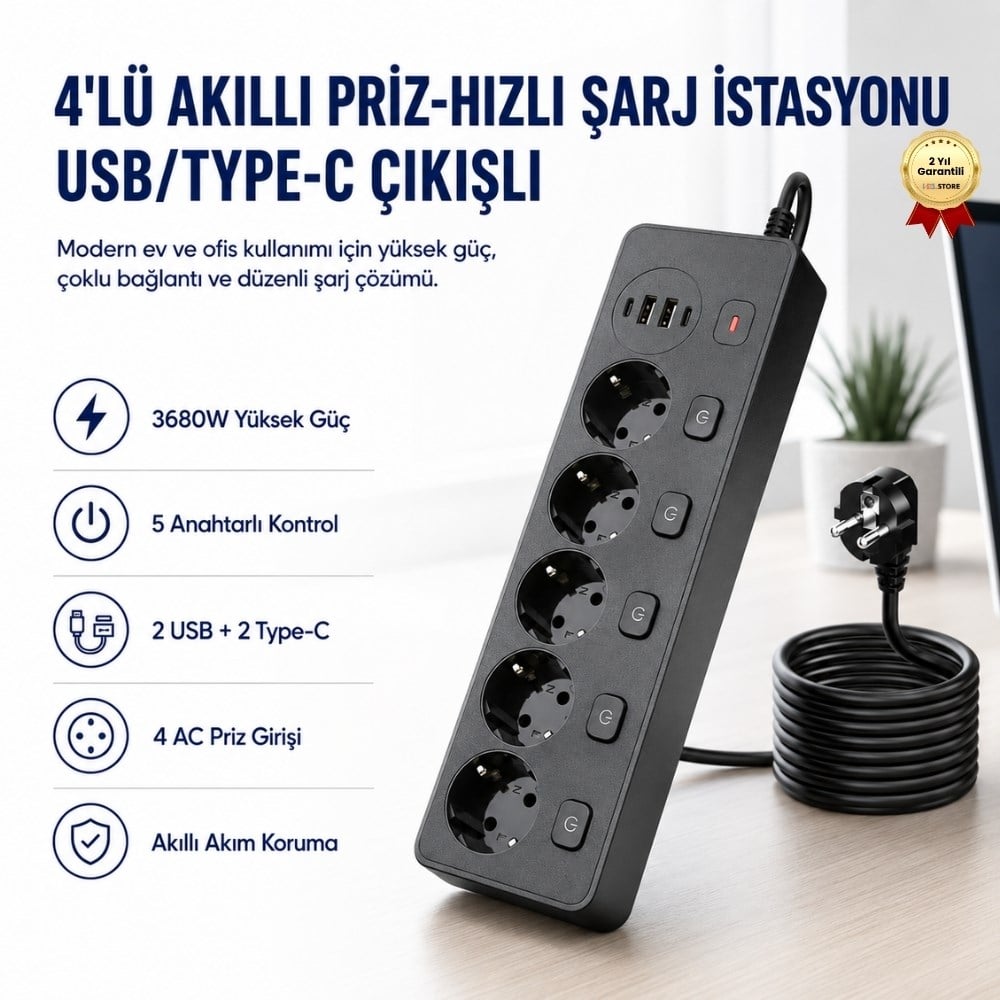 PS-13 Slim Seri 4lü Akıllı Priz-Hızlı Şarj İstasyonu & USB/Type-C Çıkışlı