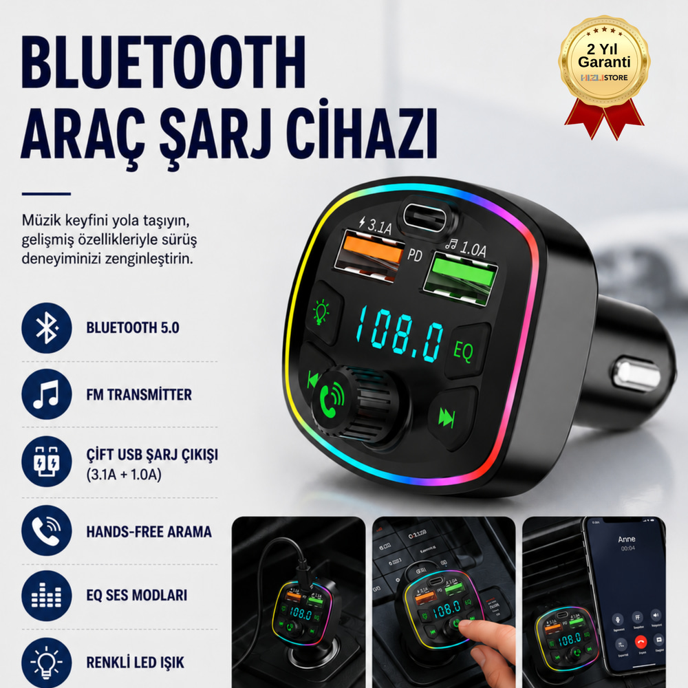 Q7 Bluetooth FM Transmitter Araç Şarj Cihazı USB Girişli MP3 Çalar Dijital Ekranlı Şarj Aleti