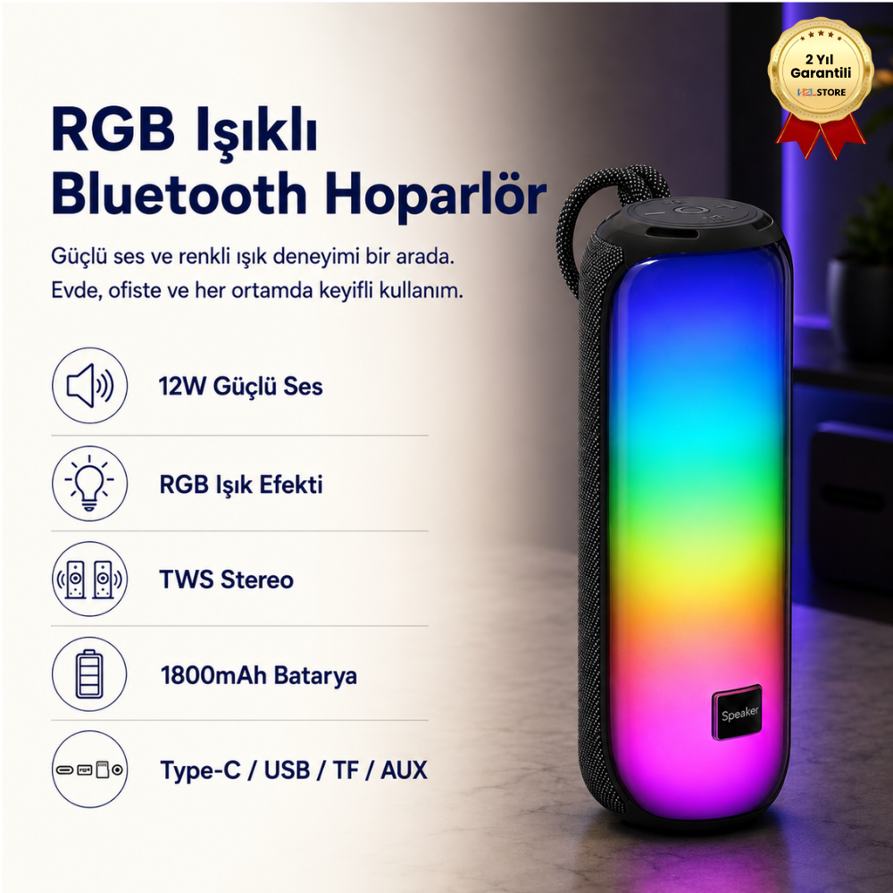 RGB Işıklı TWS Bluetooth Hoparlör 1800mAh Type-C Şarjlı Taşınabilir Speaker
