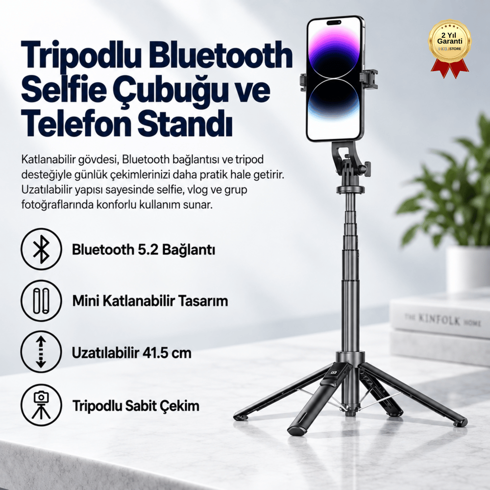 Tripodlu Selfie Çubuğu Bluetooth Kumandalı Telefon Standı
