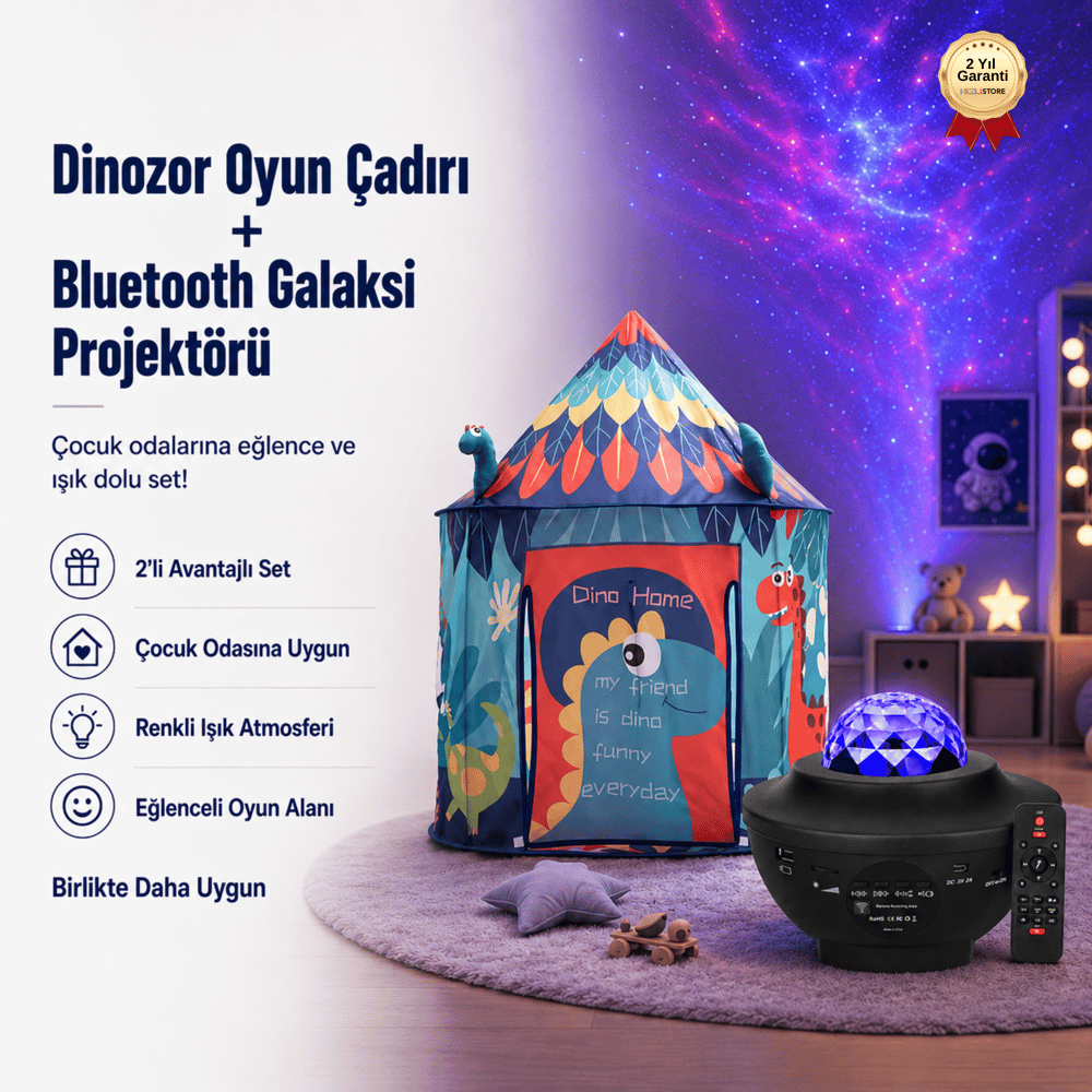 Dinozor Temalı Çocuk Oyun Çadırı ve Bluetooth Galaksi Projektörü Eğlence Seti