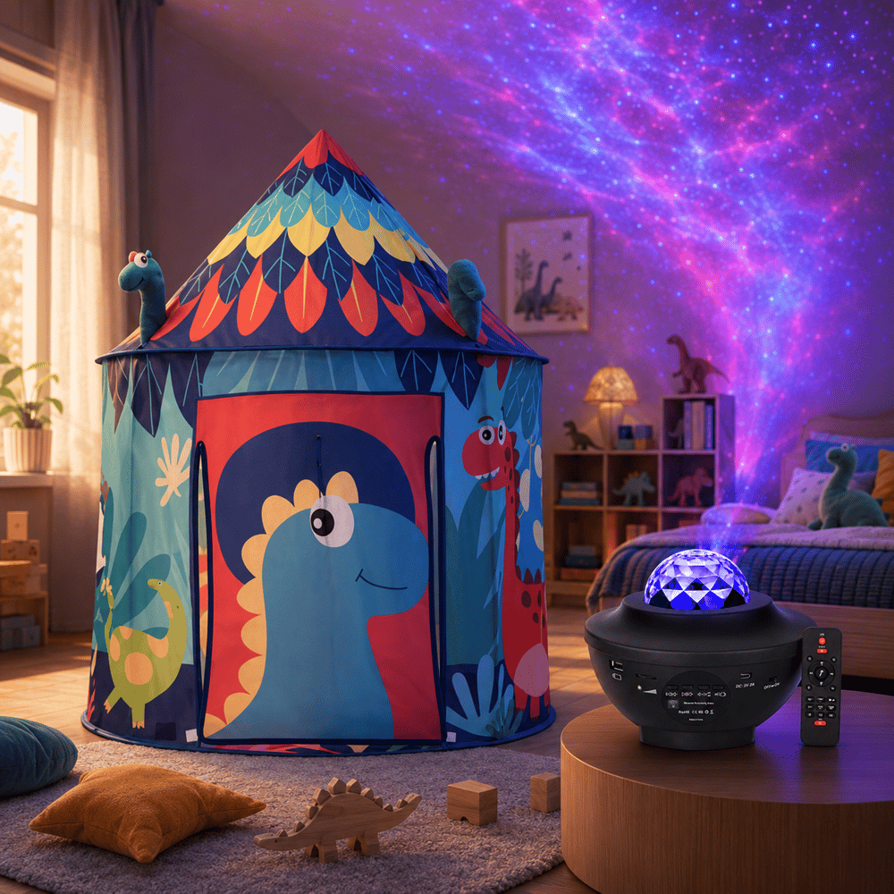 Dinozor Temalı Çocuk Oyun Çadırı ve Bluetooth Galaksi Projektörü Eğlence Seti