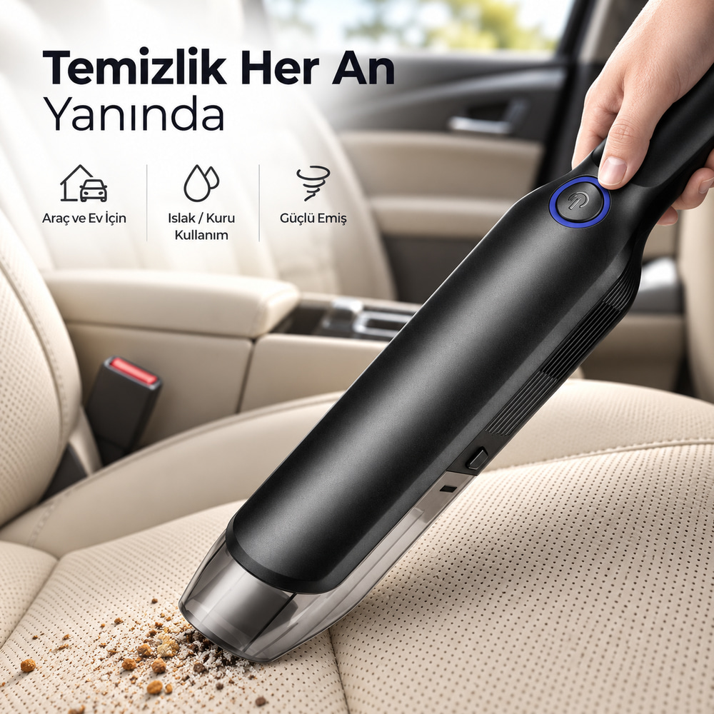 Rooty Güçlü Vakum 80W Portatif Taşınabilir Şarjlı Araç Ev Süpürgesi 2 Kademeli Yıkanabilir Filtreli