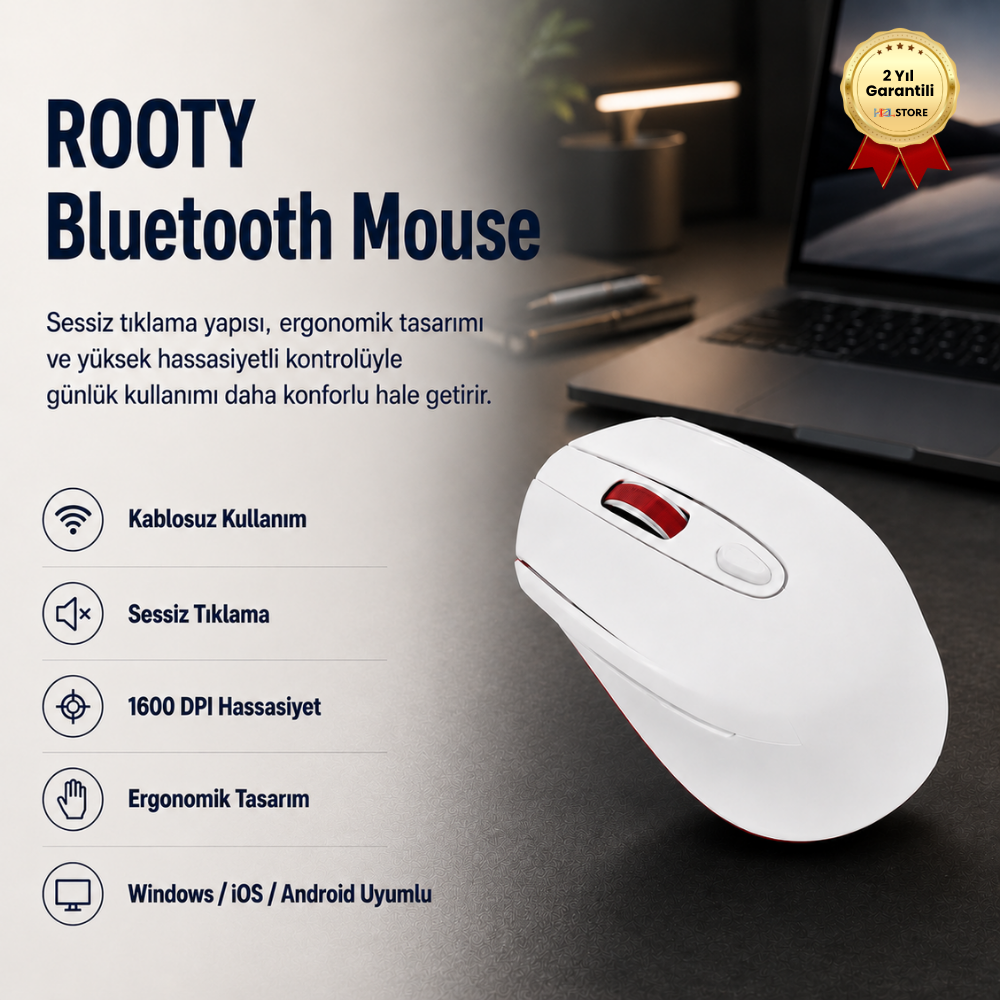 Rooty Sessiz Tıklamalı Kablosuz Mouse - Ergonomik Şık Tasarım, 1600 DPI Yüksek Hassasiyetli Optik Fare
