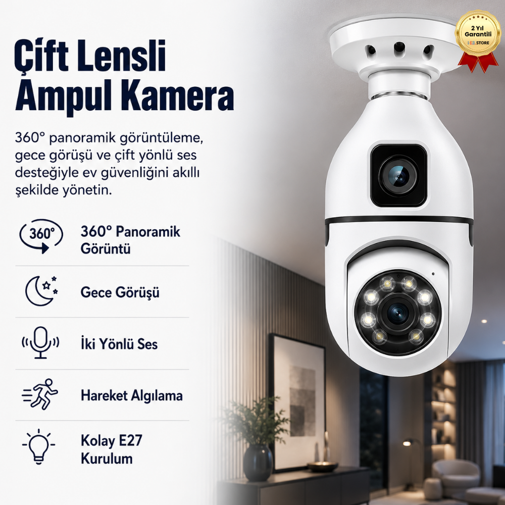 Smart Çift Lensli IP Ampul Kamera Hareketli Gece Görüşlü Ses Kayıtlı Wi-Fi Güvenlik Kamerası 4MP 360 Derece Full HD Duy Girişli