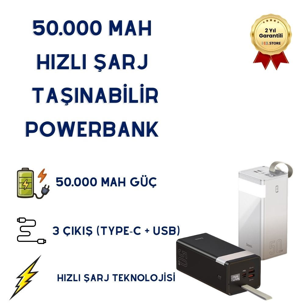 50.000 mAh PD Hızlı Şarj Powerbank Dahili Kablolu LED Işıklı Powerbank