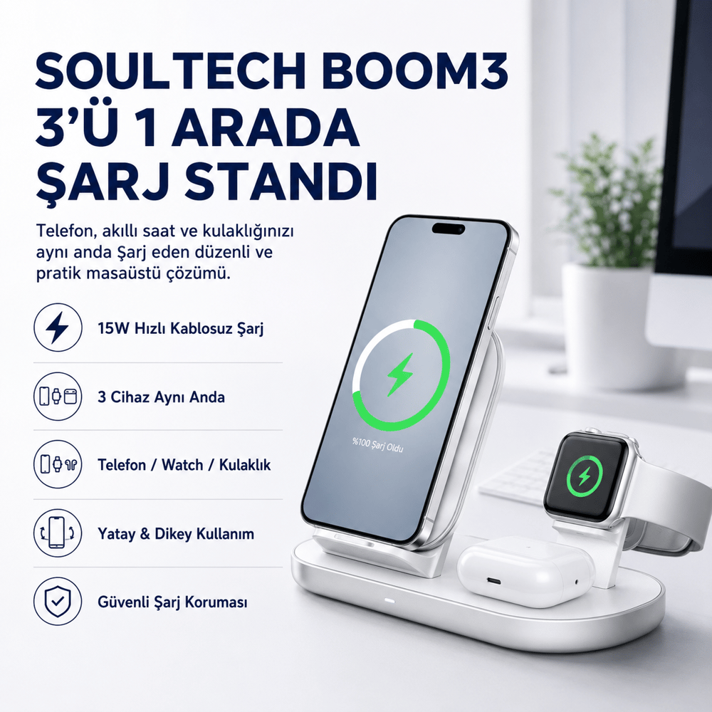 Soultech Boom3 15W 3-in-1 Kablosuz Şarj İstasyonu – Telefon, Apple Watch ve Kulaklık için Qi Wireless Charging Stand