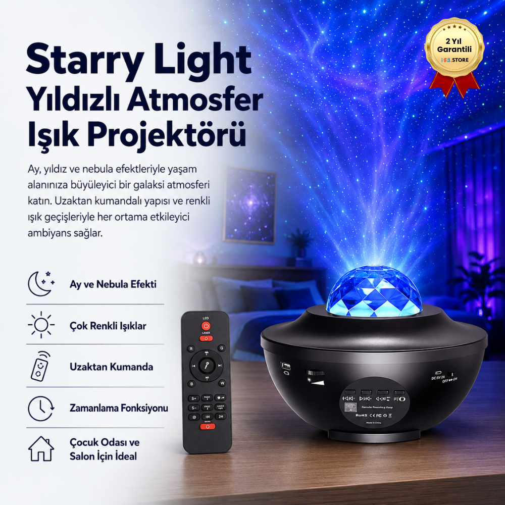 Starry Light Yıldızlı Atmosfer Işık Projektörü – Çok Renkli Gökyüzü Efekti, Ay ve Nebula Yansıtma, Uzaktan Kumandalı Ortam Gece Lambası