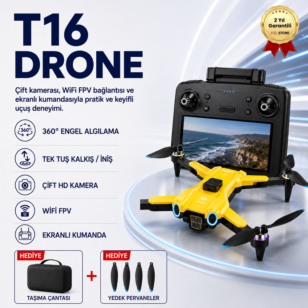 T16  Drone 4K Çift Kameralı Büyük Ekran Kumandalı WiFi FPV 360° Engel Algılama Katlanabilir Drone