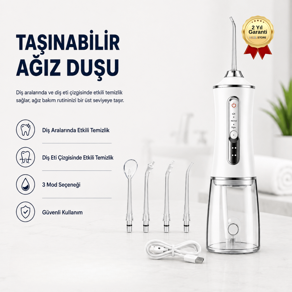 Taşınabilir Şarjlı Ağız Duşu 3 Modlu IPX7 Su Geçirmez Diş Arası Temizleme Cihazı