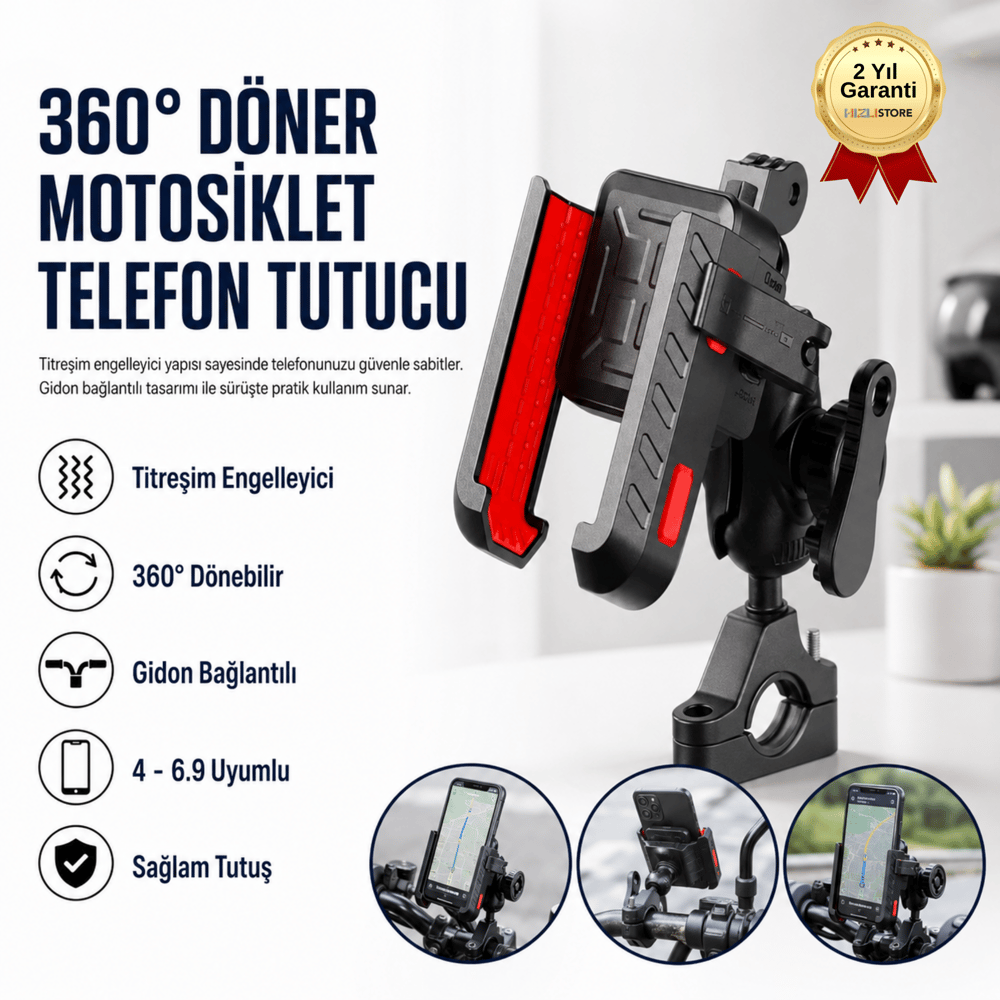 Titreşim Engelleyici 360° Döner Motosiklet Telefon Tutucu, Gidon Bağlantılı, 4”-6.9” Uyumlu Dayanıklı Tutacak