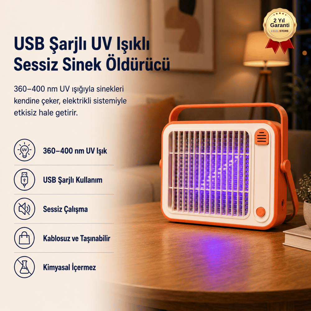 USB Şarjlı UV Işıklı Sessiz ve Taşınabilir Elektrikli Sinek Öldürücü