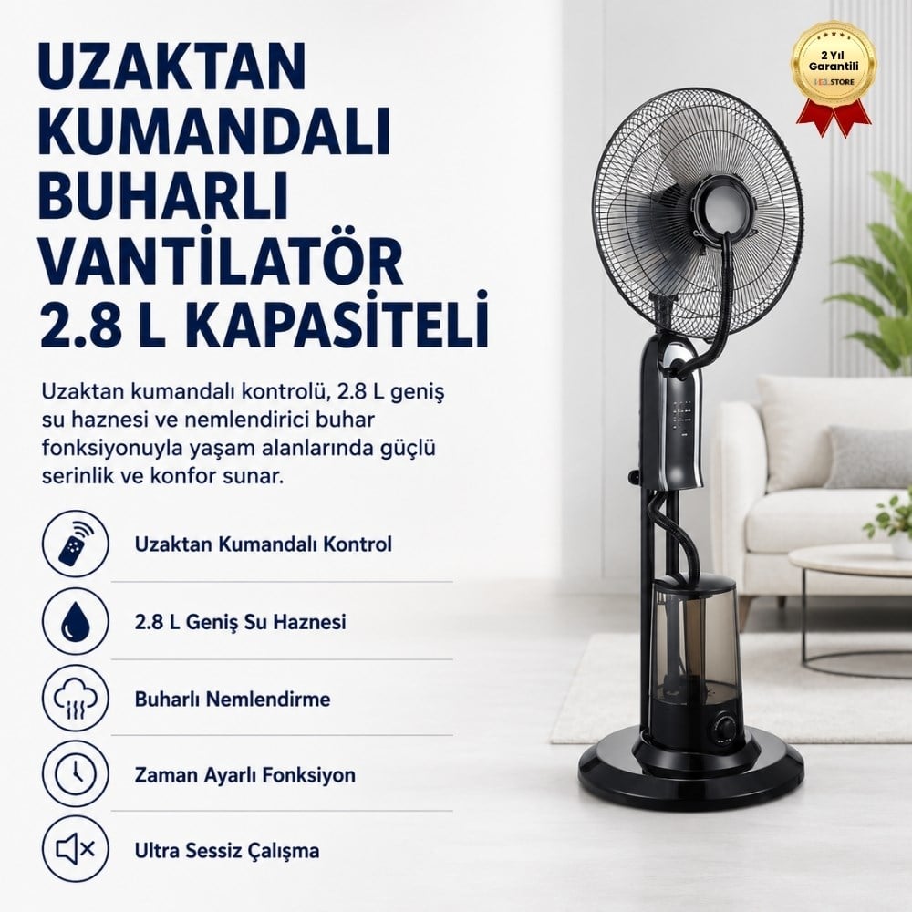 Uzaktan Kumandalı 2.8 L Buharlı Vantilatör Nemlendirici Fan Ultra Sessiz Tekerlekli Zaman Ayarlı