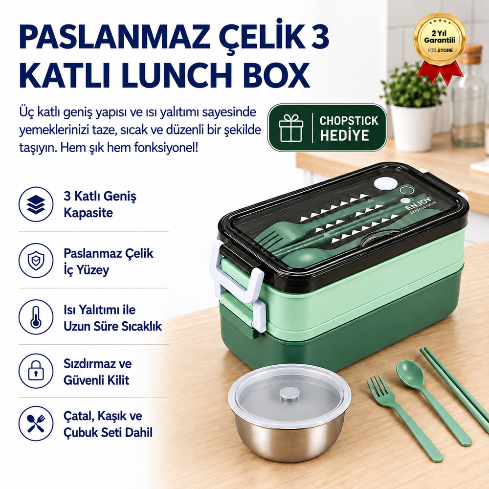 Yeşil Paslanmaz Çelik 3 Katlı Yemek Taşıma Kabı Isı Yalıtımlı Lunch Box